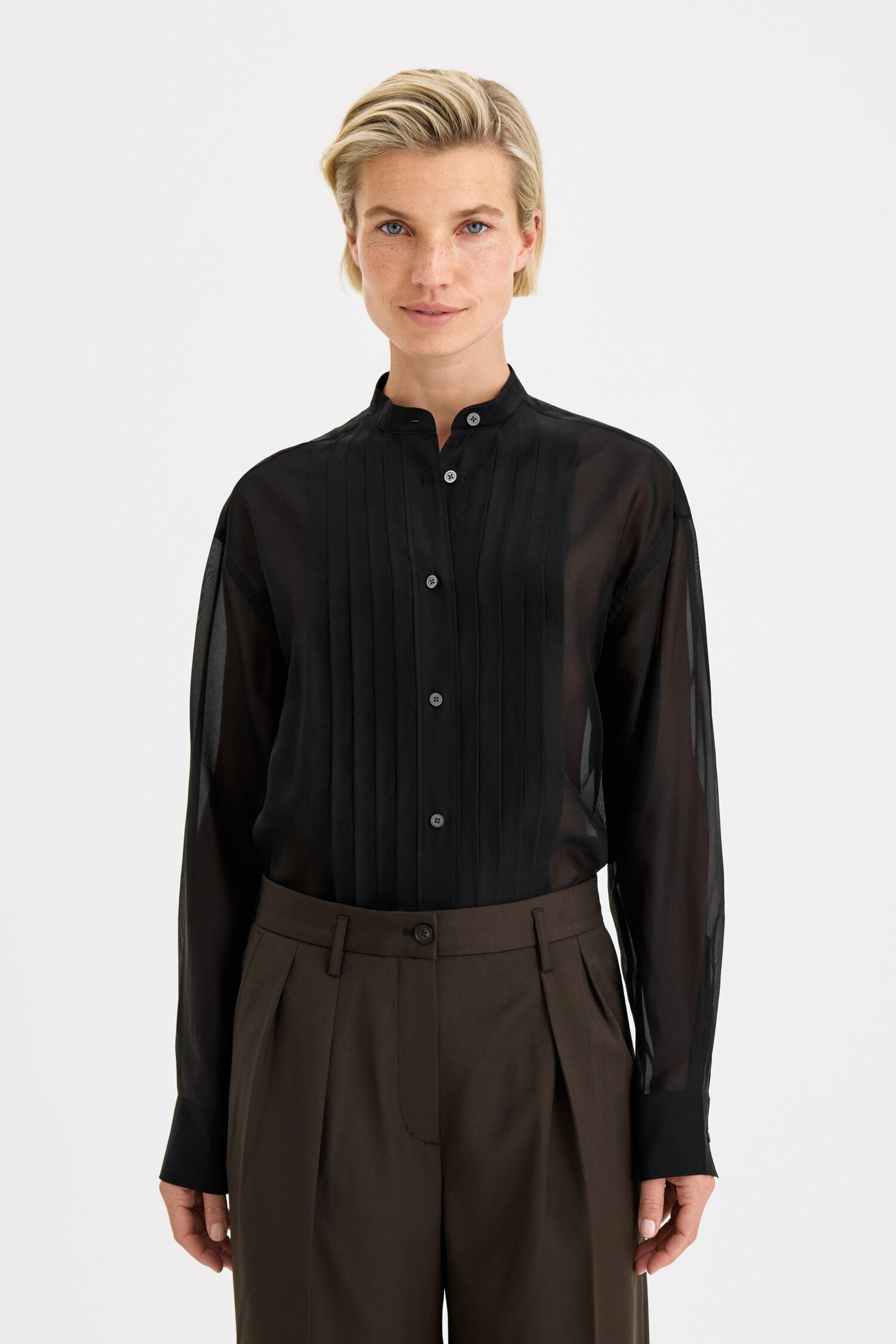 Pleated Stand Collar Shirt